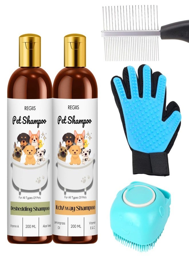 REGIIS Pet Grooming Set with Deshedding and Itch Away Shampoo, 200ml Each, Metal Comb, Grooming Glove, Silicone Brush, 4 Piece Kit for Dogs and Cats(Pack of 5) - Image 1